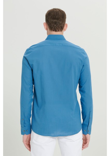 Erkek Petrol Slim Fit Düğmeli Yaka Keten Görünümlü %100 Pamuk Flamlı Gömlek