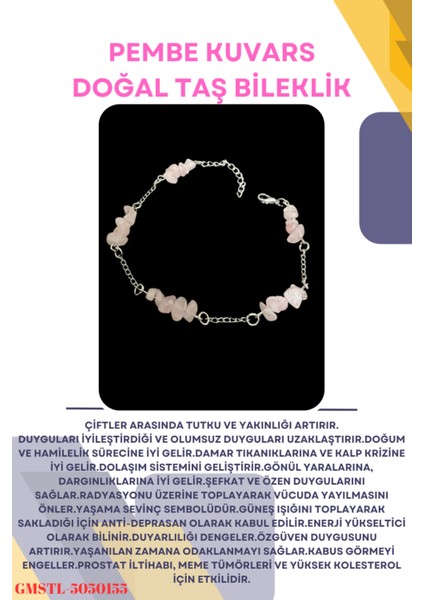 Sertifikalı Pembe Kuvars Doğal Taş El Yapımı Tasarım Bileklik