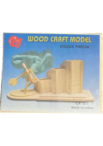 3D Boyanabilir Ahşap Yap Boz Puzzle - Ahşap 3D Disk Atan Adam Kalemlik Maketi
