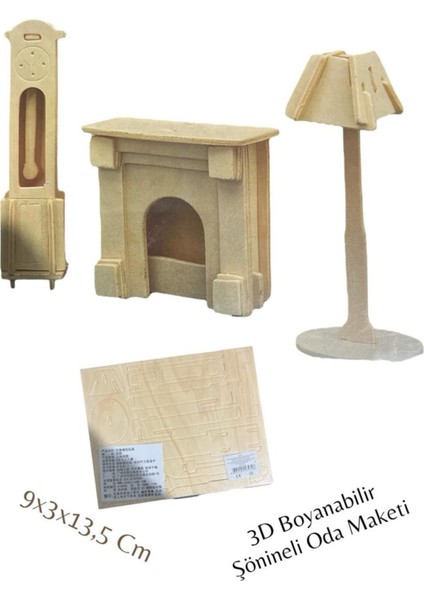 3D Boyanabilir Ahşap Yap Boz Puzzle - Ahşap 3D Şömineli Oda Maketi