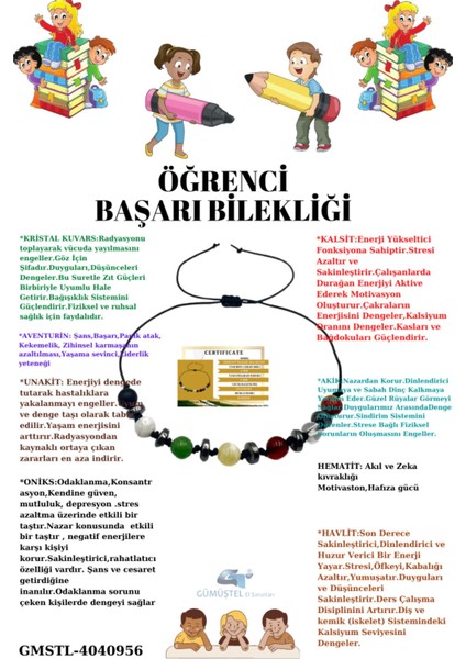 Sertifikalı Öğrenci Başarı Bileklik Oniks,hematit,unakit,kristal Kuvars,akik,kalsit,aventurin,havlit