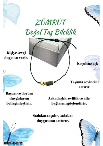 Sertifikalı Zümrüt Doğal Taş Bileklik Kelebek Obje Detaylı Makrome Örgülü Kilit El Işçiliği