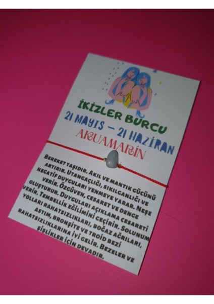 Sertifikalı Ikizler Burcu Akuamarin Doğal Taşlı Ip Burç Bilekliği