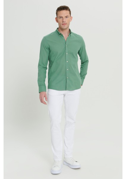 Erkek Haki Slim Fit Dar Kesim Düğmeli Yaka Keten Görünümlü %100 Pamuk Flamlı Gömlek