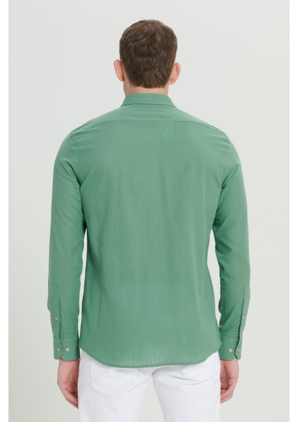 Erkek Haki Slim Fit Dar Kesim Düğmeli Yaka Keten Görünümlü %100 Pamuk Flamlı Gömlek