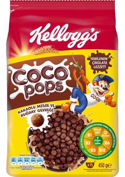 Coco Pops Çikolatalı Buğday ve Mısır Gevreği 450 Gr; Lif; Demir ve 6 Vitamin içerir
