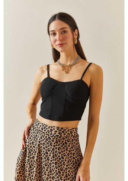 Siyah Balenli & Askılı Crop Bluz 5YXK2-48340-02