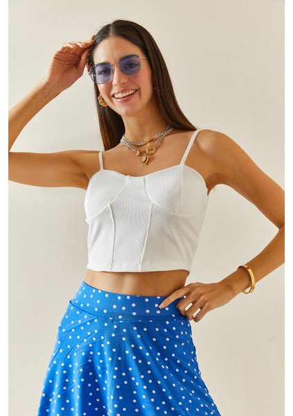 Beyaz Balenli & Askılı Crop Bluz 5YXK2-48340-01