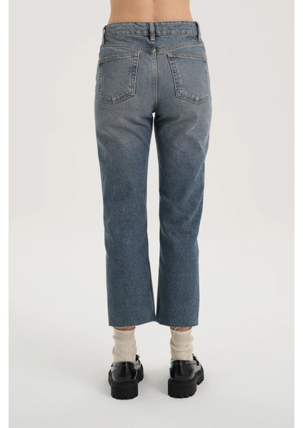 Eliza Orta Mavi Yüksek Bel Patı Düğmeli Paçası Kesikli Jean Pantolon C 4518-110 fırsatları