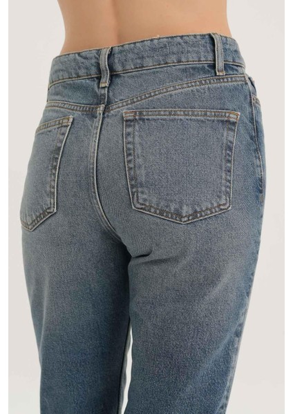 Eliza Orta Mavi Yüksek Bel Patı Düğmeli Paçası Kesikli Jean Pantolon C 4518-110 indirimleri