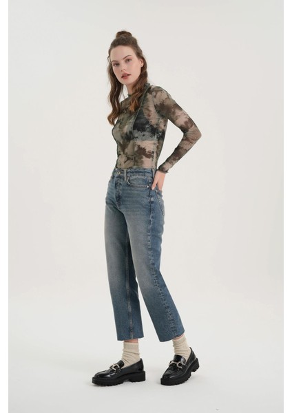 Eliza Orta Mavi Yüksek Bel Patı Düğmeli Paçası Kesikli Jean Pantolon C 4518-110