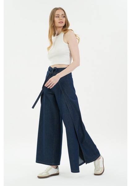 Koyu Mavi Beli Bağlamalı Kruvaze Jean Şalvar C 4936-006