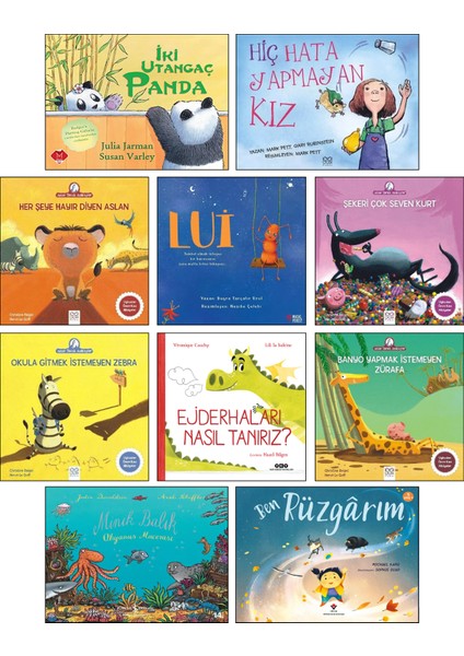 İki Utangaç Panda + Hiç Hata Yapmayan Kız + Her Şeye Hayır Diyen Aslan + Lui + Şekeri Çok Seven Kurt + Okula Gitmek İstemeyen Zebra + Minik Balık Okyanus Macerası + Ben Rüzgarım / 10 Kitap Set