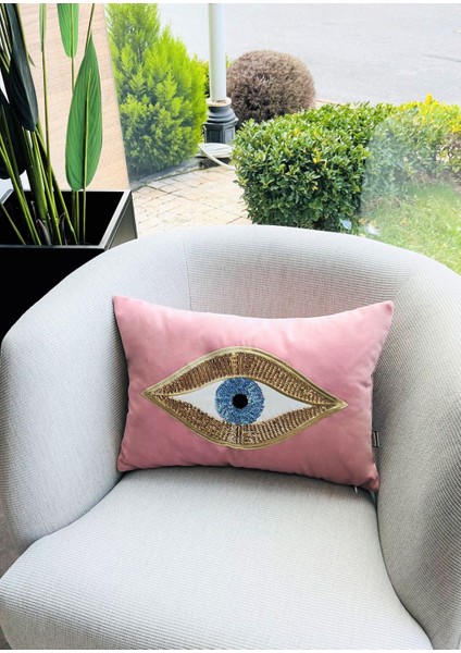 Dekoratif Pullu Göz Desenli Pembe Kadife Kırlent Kılıfı ( 35 cm x 50 cm )