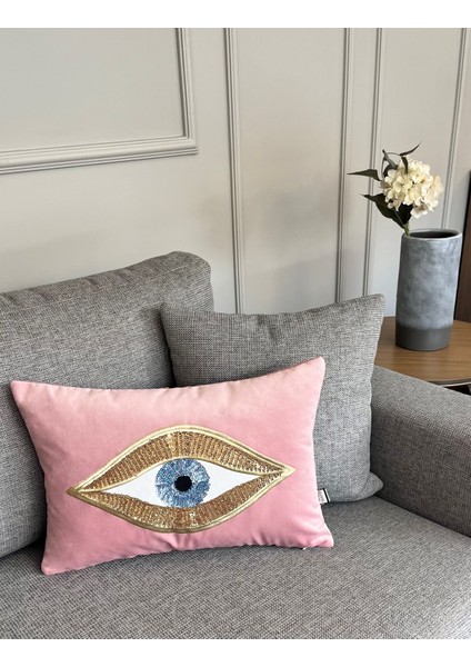 Dekoratif Pullu Göz Desenli Pembe Kadife Kırlent Kılıfı ( 35 cm x 50 cm ) fiyatları