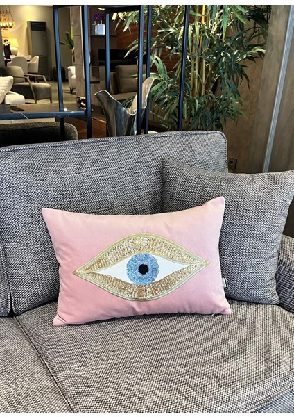 Dekoratif Pullu Göz Desenli Pembe Kadife Kırlent Kılıfı ( 35 cm x 50 cm ) modelleri