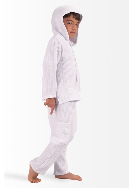 Müslin Erkek Çocuk Yazlık Sweatshirt Şalvarlı Pantolon Takım Beyaz