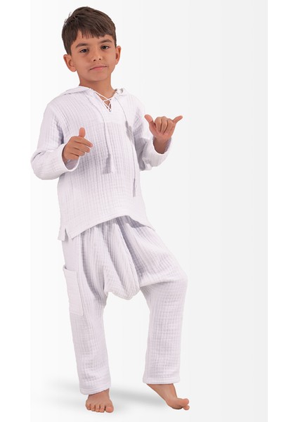 Müslin Erkek Çocuk Yazlık Sweatshirt Şalvarlı Pantolon Takım Beyaz fiyatları