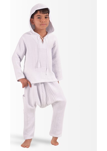 Müslin Erkek Çocuk Yazlık Sweatshirt Şalvarlı Pantolon Takım Beyaz modelleri