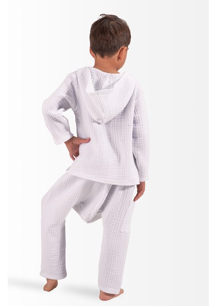 Müslin Erkek Çocuk Yazlık Sweatshirt Şalvarlı Pantolon Takım Beyaz fırsatları