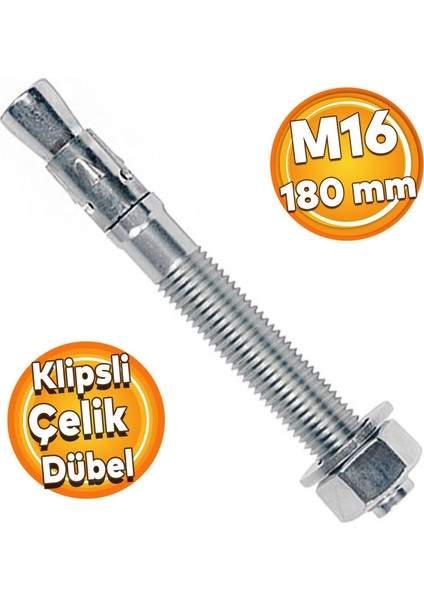 Saplamalı Klipsli Çelik Dübel M16X180 mm Raf Montaj Bağlantı Kanalları