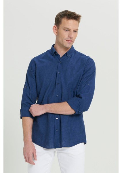 Erkek Indigo Comfort Fit Rahat Kesim Düğmeli Yaka Casual Keten Gömlek