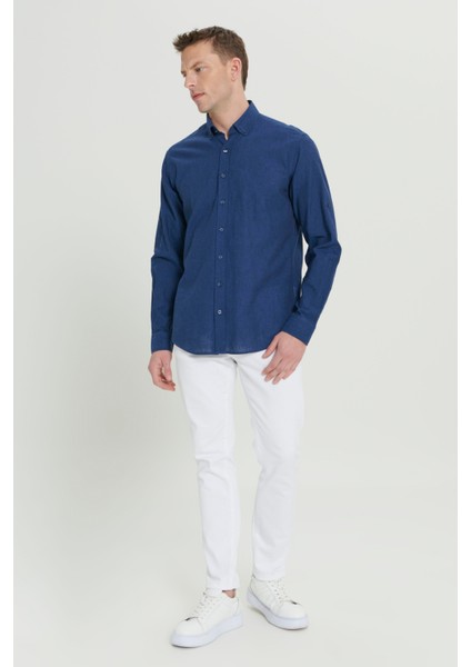 Erkek Indigo Comfort Fit Rahat Kesim Düğmeli Yaka Casual Keten Gömlek