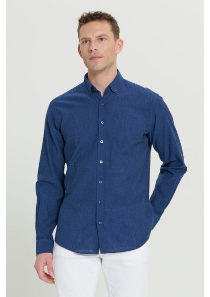 Erkek Indigo Comfort Fit Rahat Kesim Düğmeli Yaka Casual Keten Gömlek