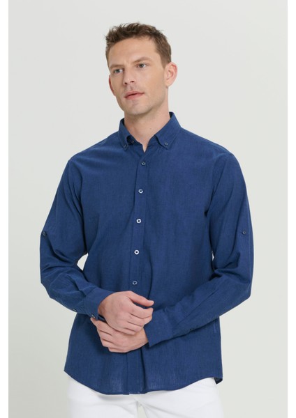 Erkek Indigo Comfort Fit Rahat Kesim Düğmeli Yaka Casual Keten Gömlek