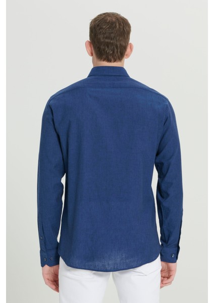 Erkek Indigo Comfort Fit Rahat Kesim Düğmeli Yaka Casual Keten Gömlek