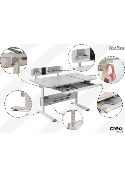 Creo Mobili Vega Delüx Yükseklik Ayarlı Çalışma Masası Takımı (Çalışma Masası + Sandalye + Keson) - Beyaz / Fuşya