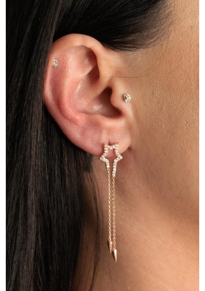 925 Ayar Gümüş Yıldız Detaylı Zincir Küpe modelleri