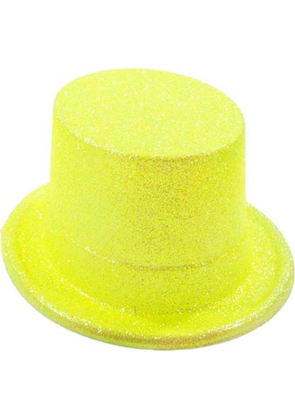 Colezium15 Floresan Sarı Renk Simli Uzun Fötr Melon Şapka 12 cm (Clz)