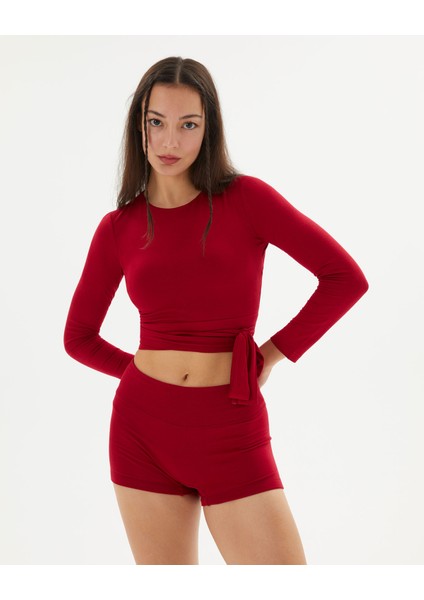 Kırmızı Uzun Kollu Sırt Dekolteli Drape Detaylı Crop Bluz