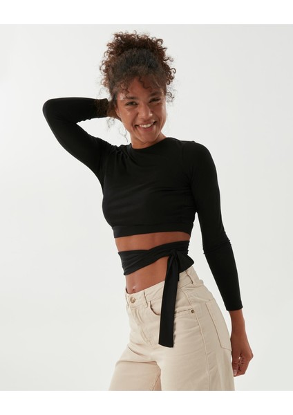 Siyah Uzun Kollu Sırt Dekolteli Drape Detaylı Crop Bluz fiyatları