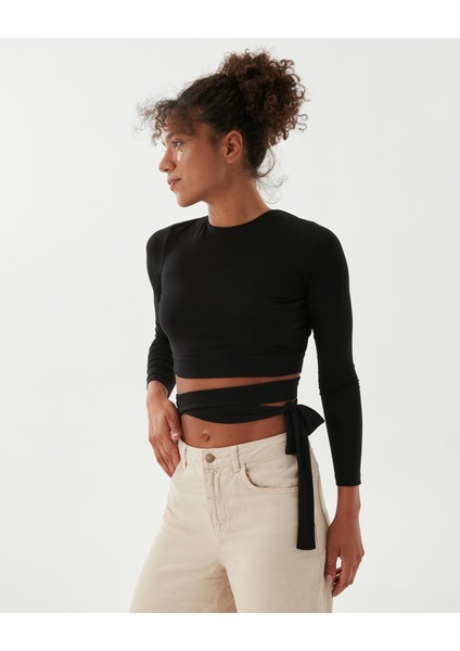 Siyah Uzun Kollu Sırt Dekolteli Drape Detaylı Crop Bluz fırsatları