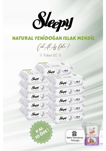 Natural Yenidoğan Islak Bebek Havlusu 60'lı 11 Al 10 Öde ve Bebe Pamuğu