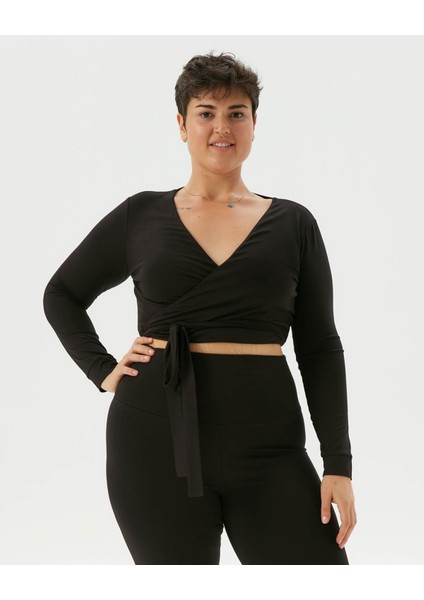 Siyah Anvelop Belden Bağlamalı Crop Bluz