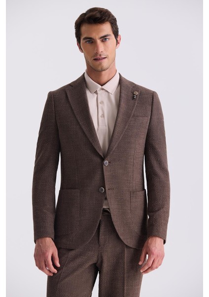 Kahve Slim Fit Sivri Yaka Desenli Spor Takım Elbise