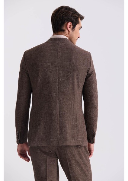 Kahve Slim Fit Sivri Yaka Desenli Spor Takım Elbise
