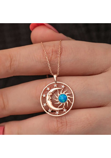 Gümüş Rose Opal Mavi Taşlı Ay Güneş Kadın Kolye modelleri