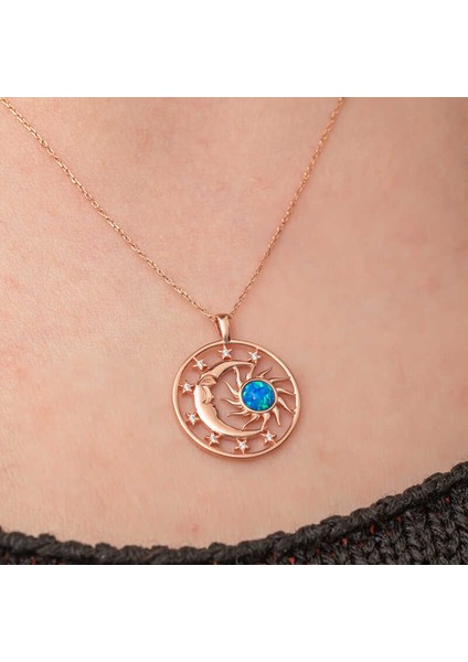 Gümüş Rose Opal Mavi Taşlı Ay Güneş Kadın Kolye indirimleri