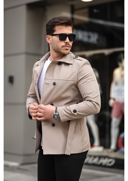 Erkek Krem Mevsimlik Astarlı Kemerli Kruvaze Trençkot modelleri