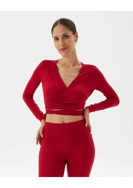 Kırmızı Anvelop Belden Bağlamalı Crop Bluz