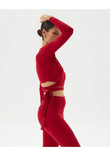 Kırmızı Anvelop Belden Bağlamalı Crop Bluz