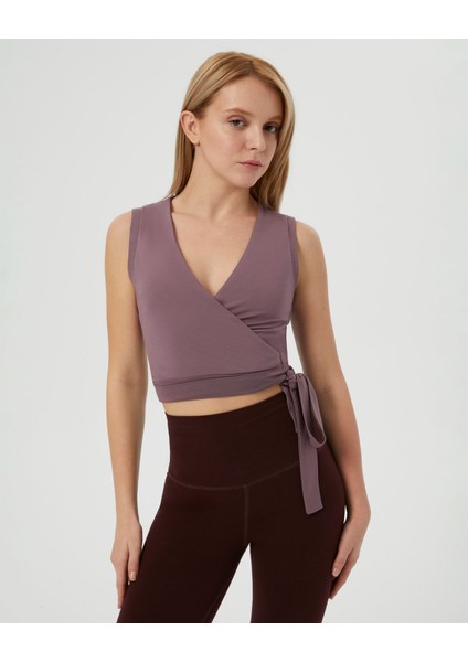 Lila Anvelop Belden Bağlamalı Kolsuz Crop Bluz