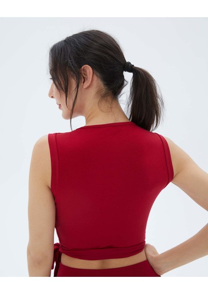 Kadın Kırmızı Kolsuz Anvelop Wrap Bluz - EcoVero™ Viskoz, Belden Bağlamalı, V Yaka, Çift Kat Ön Panel, Çok Yönlü Crop fırsatları