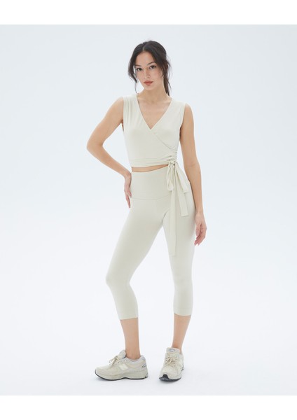 Krem Anvelop Belden Bağlamalı Kolsuz Crop Bluz