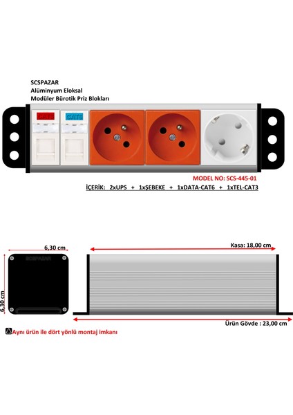 Scs Pazar Bürotik Priz Kutusu Alüminyum Blok - 4X45 ( 8 Modül ) SCS-445-01