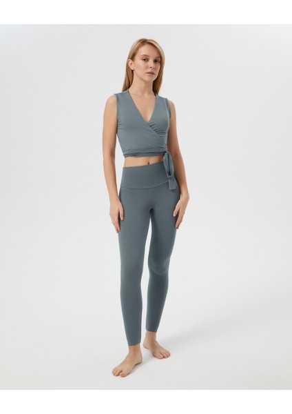 Mavi Gri Anvelop Belden Bağlamalı Kolsuz Crop Bluz
